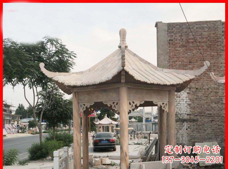 江苏公园晚霞红六角石凉亭雕塑