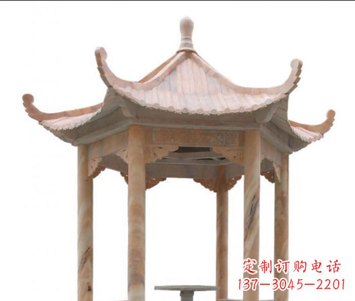 江苏美丽而优雅的公园晚霞红六角石凉亭雕塑