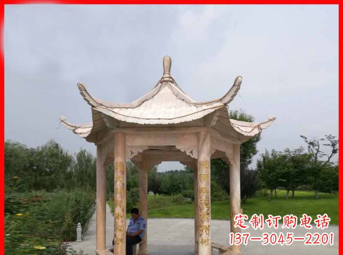 江苏晚霞红六角石凉亭雕塑