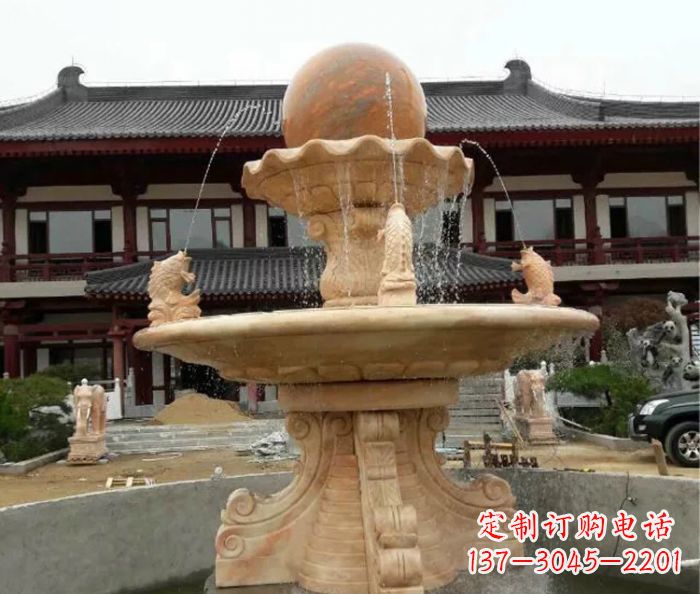 江苏双层风水球喷泉晚霞红石雕