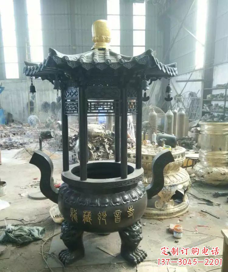 江苏寺庙圆香炉铜雕 (2)