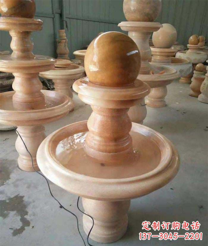 江苏晚霞红双层风水球别墅喷泉石雕