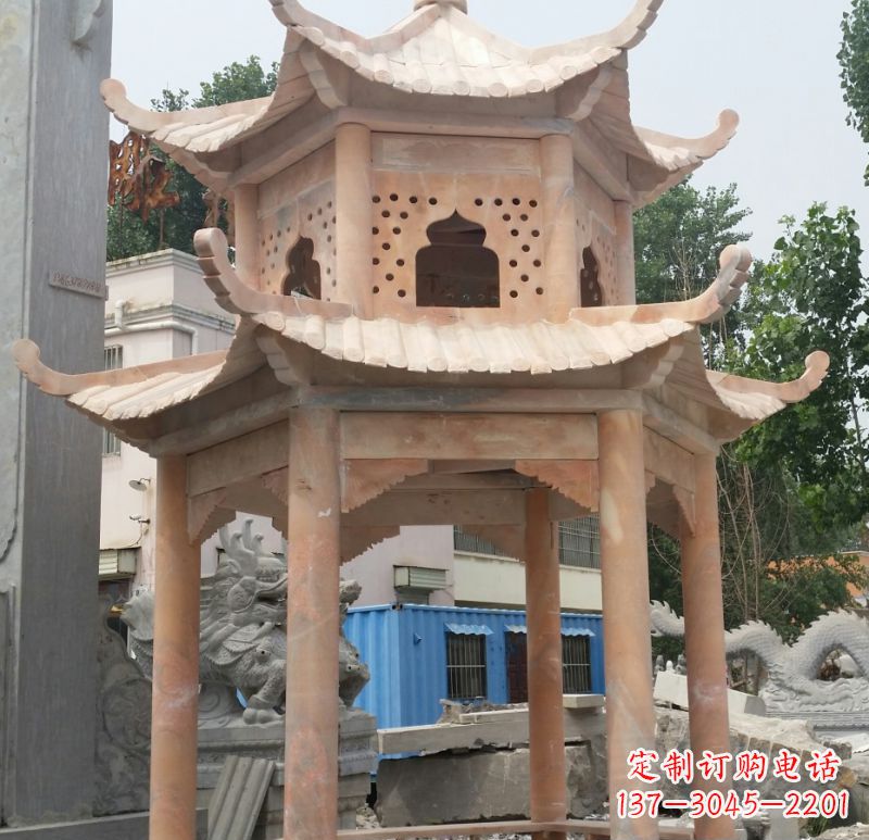 江苏晚霞红双层六角凉亭石雕 (2)