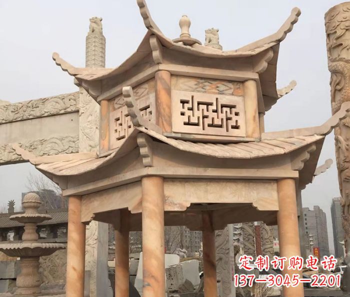 江苏晚霞红双层石雕凉亭