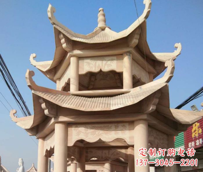 江苏园林景观晚霞红双层石雕凉亭 (2)