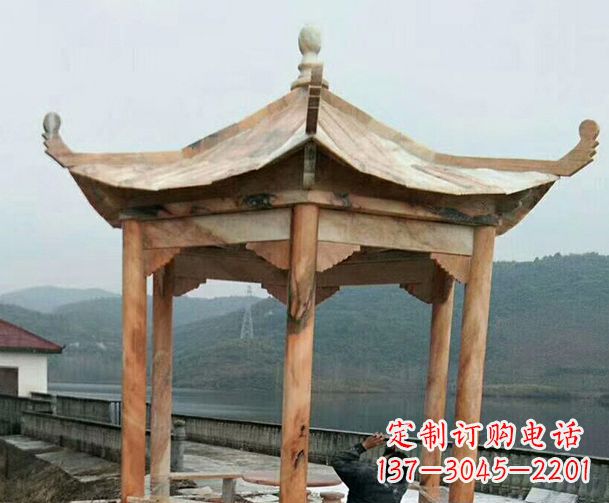 江苏园林晚霞红单层石凉亭景观石雕